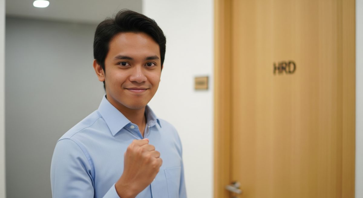 seorang anak muda nampak tersenyum puas setelah berhasil menjawab pertanyaan interview kerja