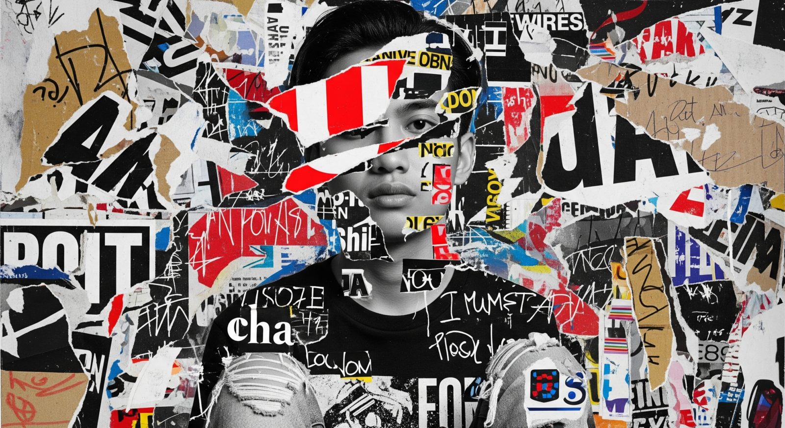 Gambar edgy seorang Gen Z dengan visual glitch dan teks terdistorsi, melambangkan eksplorasi kreatif melalui prompt engineering