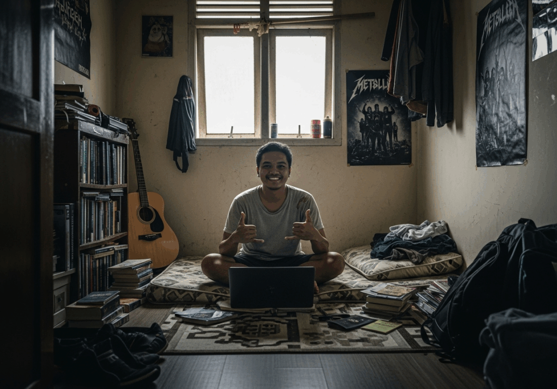seorang mahasiswa di kamar kos nampak gembira karena bisa menggunakan prompt chatgpt untuk mahasiswa